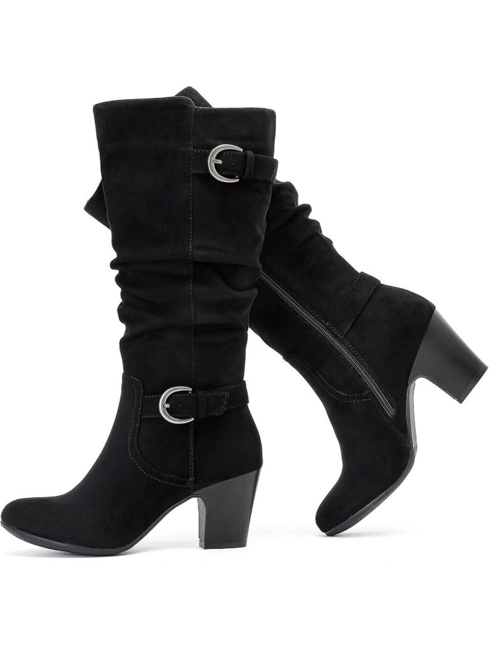 Women's Black Mf Knee High Boots Heeled Boots Chunky Heel Slouchy Round Toe